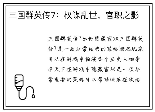 三国群英传7：权谋乱世，官职之影