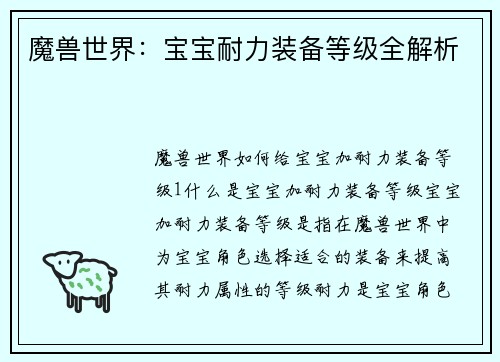 魔兽世界：宝宝耐力装备等级全解析